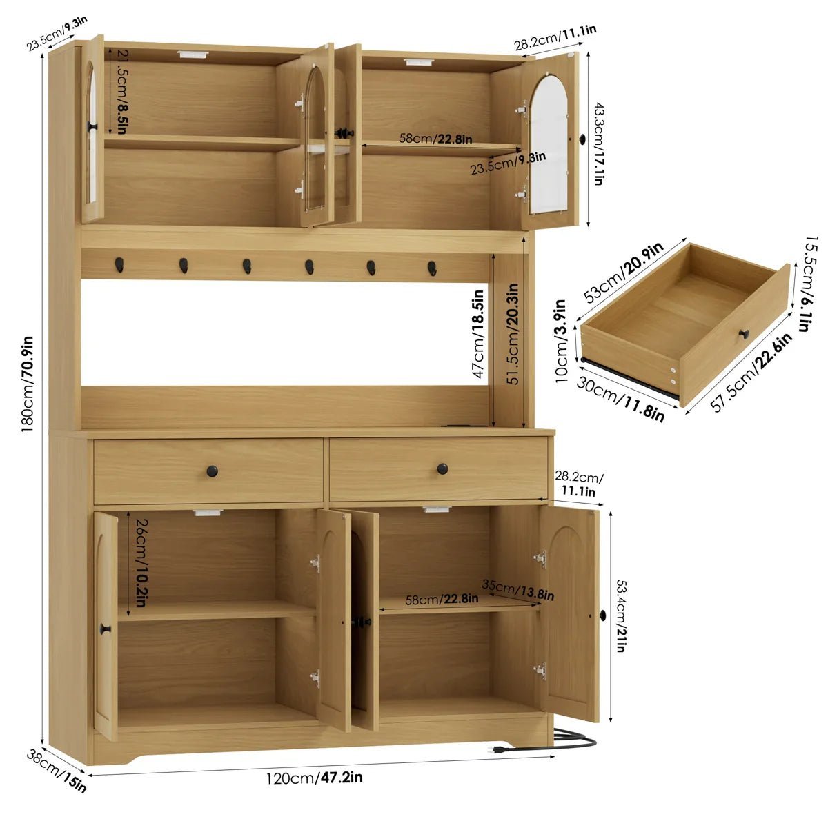 71" LED Kitchen Pantry Cabinet with Power Outlet, Large Kitchen Hutch Storage Cabinet - Image 2