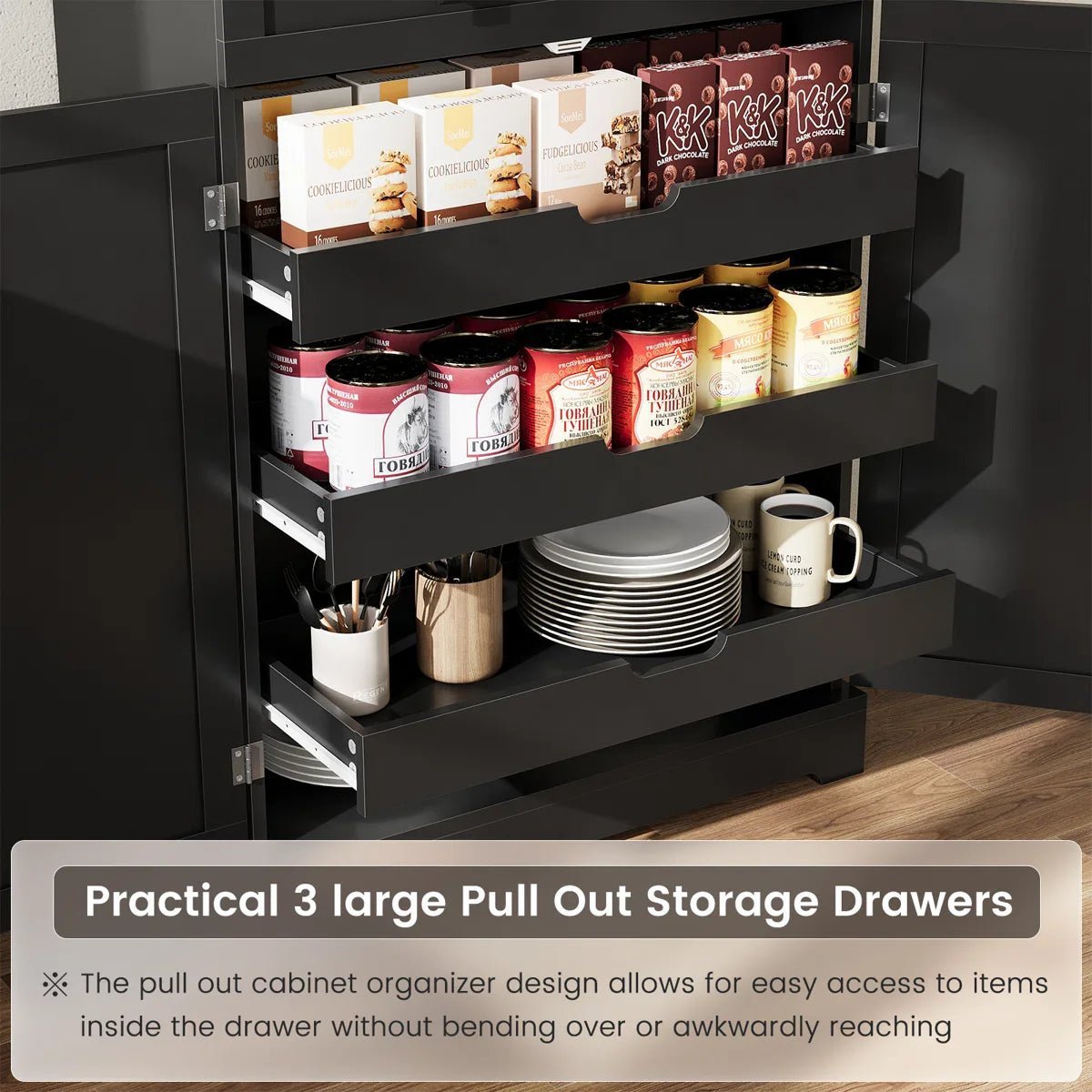 72" Kitchen Pantry Storage Cabinet with 8 Hanging Shelves and 3 Sliding Drawers - Image 3