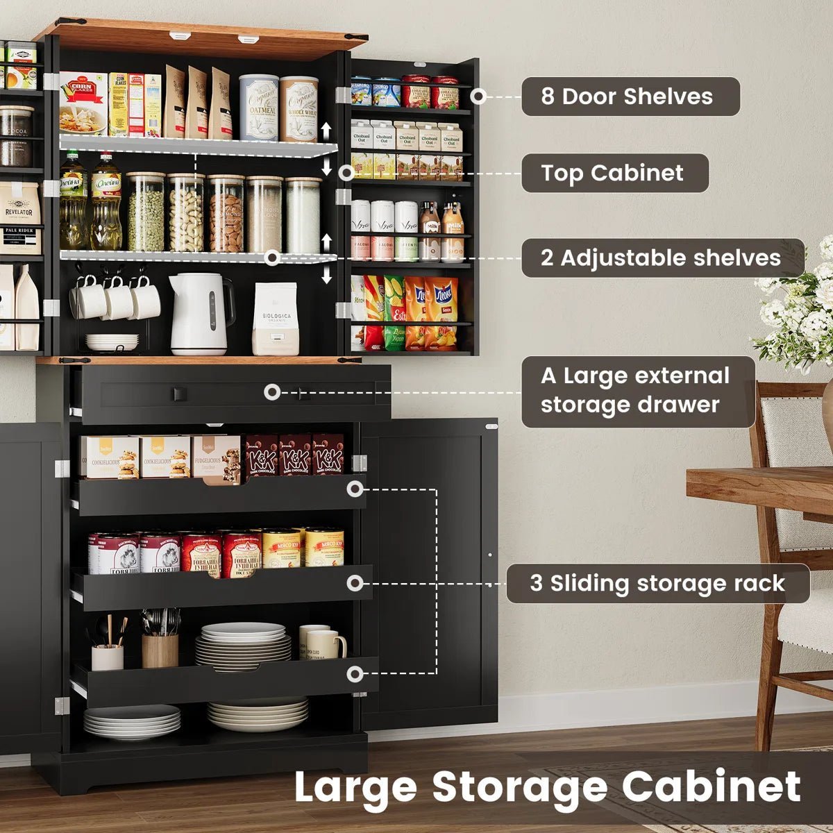 72" Kitchen Pantry Storage Cabinet with 8 Hanging Shelves and 3 Sliding Drawers - Image 2
