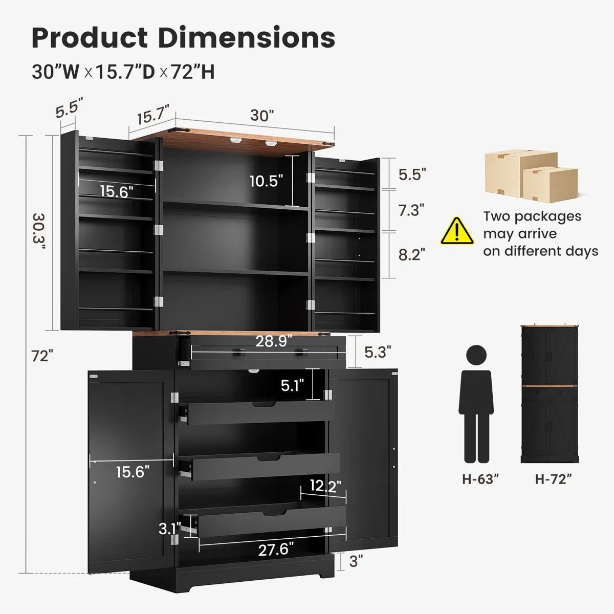 72" Kitchen Pantry Storage Cabinet with 8 Hanging Shelves and 3 Sliding Drawers - Image 1