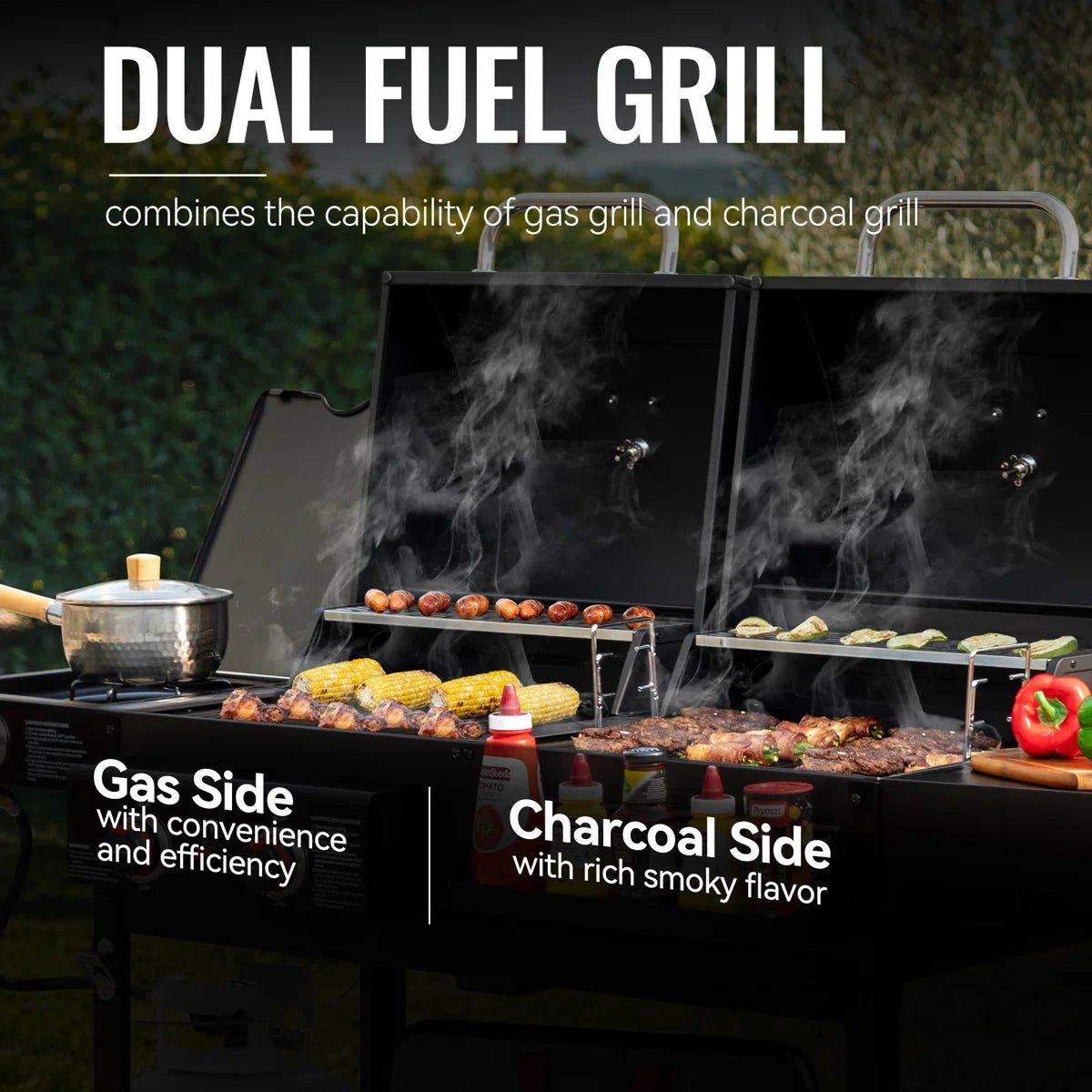 2-Burner Gas and Charcoal Combo Grill with Side Burner - Image 1