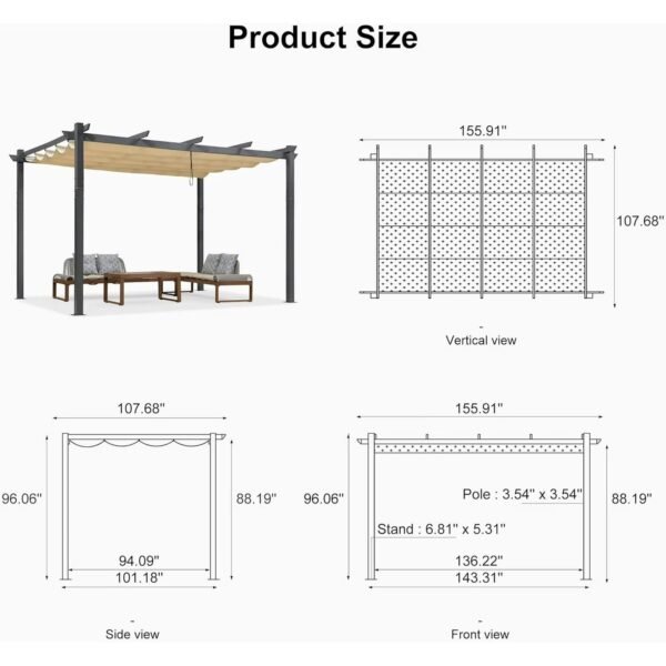 Pergola 9.5' X 13' Outdoor Retractable Pergola Against The Wall with Sun Shade Canopy Aluminum Patio Pergola for Porch Garden Yard