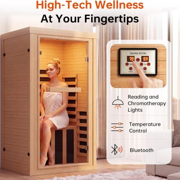 1-Person Canadian Hemlock Infrared Sauna Room – Chromotherapy, Bluetooth Speaker, Low EMF