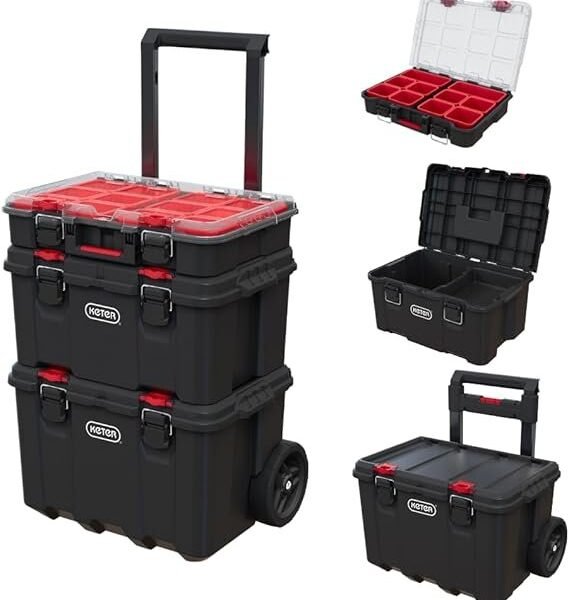 Keter Stack-n-Roll Modular Tools Organizer for Garage Storage and DIY, 3 Piece Resin Rolling Tool Box System for Small Parts, Black