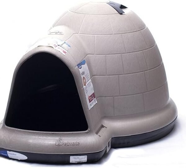 Petmate Large Dog House Outdoor Weatherproof – Indigo Igloo Dog House, Made in USA, for Large Dogs 50 to 90 pounds, TAUPE/BLACK