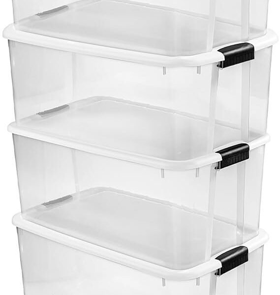 Sterilite 4-Pack Ultra Latching Box, Storage Bins with Lids, Clear Plastic, 116 Quart – Heavy-Duty Organizing Containers for Closet, Bathroom, and Office