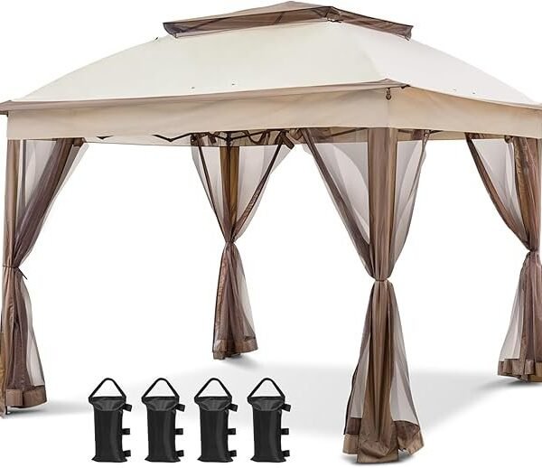 COOS BAY 11×11 Pop Up Gazebo with Mesh Netting, Instant Outdoor Canopy Tent, Water Resistant Shelter with UPF 50+ UV Protection, 121 Sq Ft Coverage, Beige