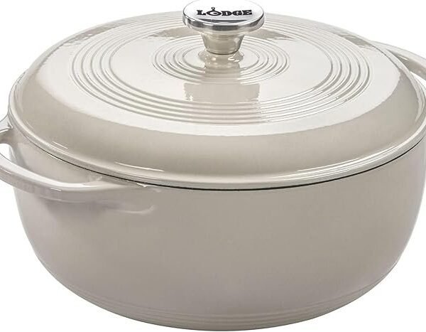 Lodge Essential Enamel Cast Iron Dutch Oven – Perfect for Bread Baking, Braising, Marinating & Slow Cooking – Features Moisture-Sealing Lid & Dual Handles – Kitchen Essentials – 6 Quarts – Oyster White