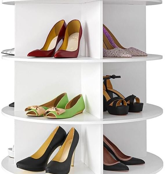 SpaceAid 7 Tier Rotating Shoe Rack Tower, Spinning Shoe Display Lazy Susan, Revolving 360 Shoe Rack Storage Round Carousel, Vertical Handbag Rotate Shoes Closet Organization (7-Tier White)