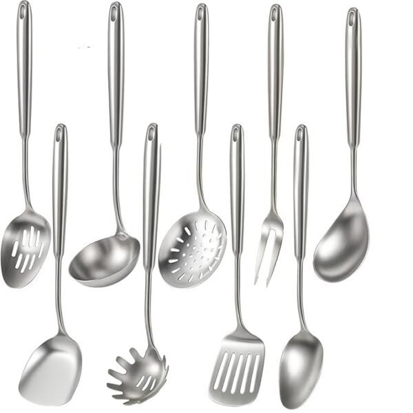 Newness 9 Pcs Cooking Utensils Set, 304 Stainless Steel Kitchen Utensils Set, Metal Kitchen Accessories, Include Soup Ladle, Slotted Skimmer Spoon, Spaghetti Spoon and Spatula, Dishwasher Safe