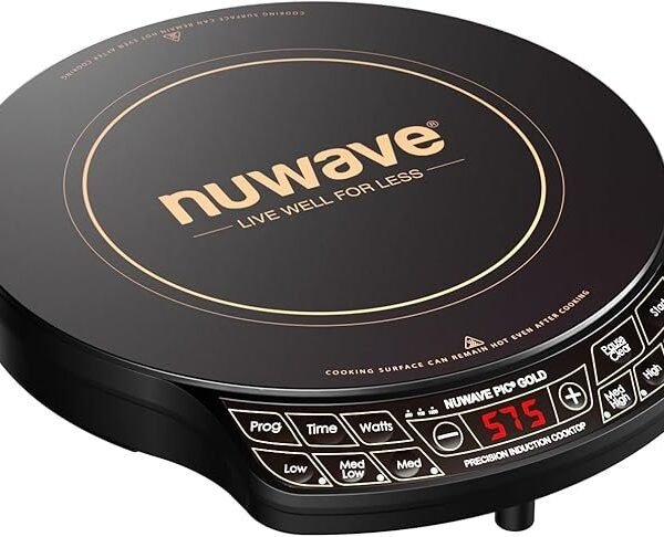 Nuwave Precision Induction Cooktop Gold, 12” Shatter-Proof Ceramic Glass Surface, Large 8” Heating Coil, Portable, 51Temp Settings 100°F to 575°F, 3 Wattage Settings 600, 900, and 1500 Watts