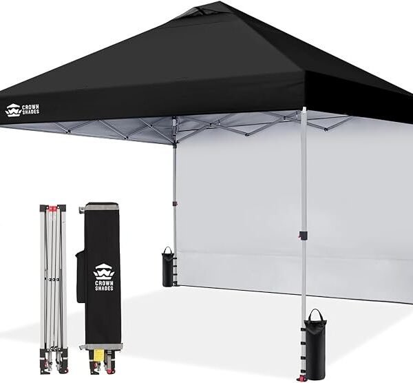 CROWN SHADES 10×10 Pop Up Canopy with 1 Side Wall – Beach Tent with One Push Setup – Outdoor Sun Shade for Events, Parties, Camping – Gazebo with STO-N-Go Cover Bag (Black)