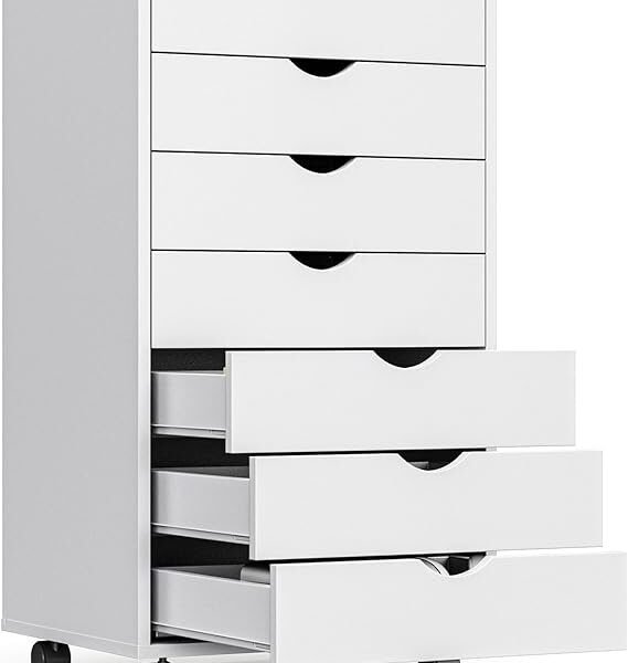OLIXIS 7 Drawer Mobile File Cabinet Under Desk Storage Organization with Wheels Vertical Filing Chest Rolling Wood Small Desk Printer Stand for Home Office, 15.75″D x 18.74″W x 34.25″H, White