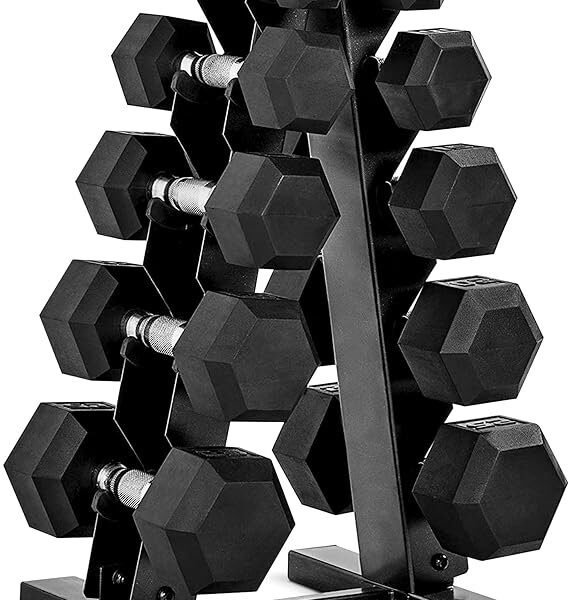 CAP Barbell Rubber Coated Dumbbell Weight Set with Vertical Rack | 100 lb, 150 lb, and 210 lb Options