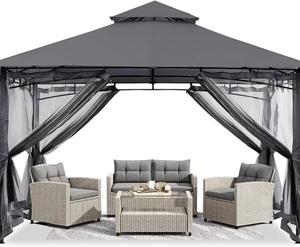 ABCCANOPY Gazebos for Patios 10×10 – Outdoor Steel Frame Gazebo with Mosquito Netting for Lawn Backyard Garden Deck (Dark Gray)