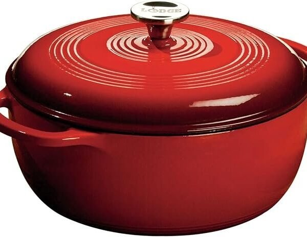 Lodge Essential Enamel Cast Iron Dutch Oven – Perfect for Bread Baking, Braising, Marinating & Slow Cooking – Features Moisture-Sealing Lid & Dual Handles – Kitchen Essentials – 6 Quarts – Island Spice Red
