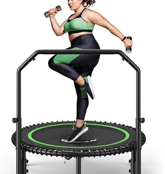 BCAN BT2 450/550LBS Mini Rebounder Trampoline for Adults with Bar, Fitness Trampoline with Bungees, Adjustable Handle, Stable & Quiet, Indoor Outdoor, Whole-Body Workout & Relaxation at Home-40IN/48IN