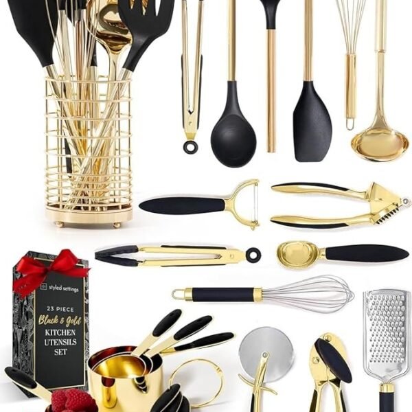 Black and Gold Kitchen Utensils Set – 23-Piece Luxury Kitchen Accessories Includes Gold Measuring Cups, Spoons, Silicone Cooking Utensils and Tools for Baking, Cooking, and Stylish Kitchen Decor