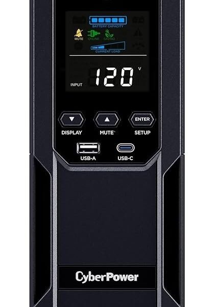 CyberPower CP1500AVRLCD3 Intelligent LCD UPS System, 1500VA/900W, 12 Outlets, 2 USB Ports, AVR, Mini Tower, Black