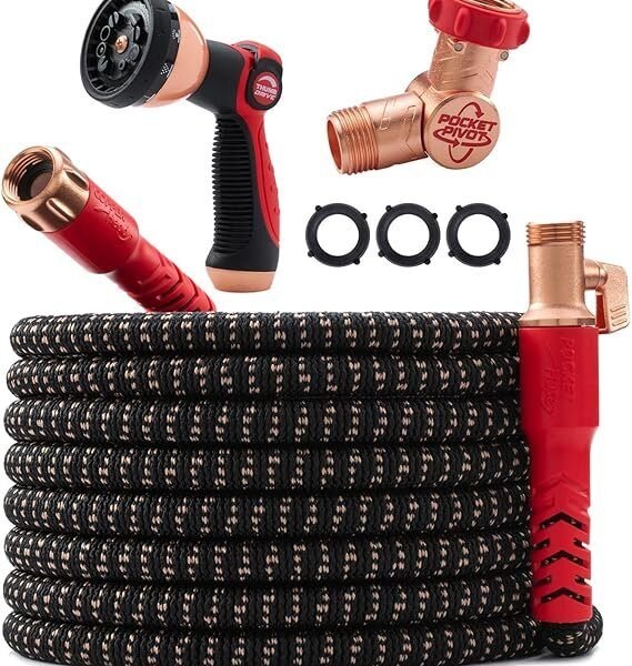 Pocket Hose 100 FT Copper Head Expandable Garden Hose with Pocket Pivot, No Tangles, AS SEEN ON TV, 360° Swivel, Tri-Tex Tubing, Force Field Jacket, Lead-Free, No-Kink, Anti-Burst w/APT