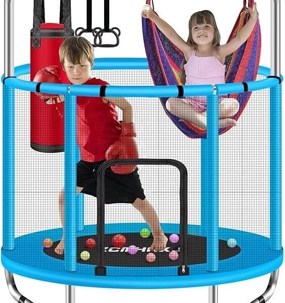 ZCMHAXJ 55″ Trampoline for Kids with Enclosure, 440lbs Capacity Indoor & Outdoor Toddler Trampoline with Adjustable Gymnastics Bar & Toys, for Boys & Girls