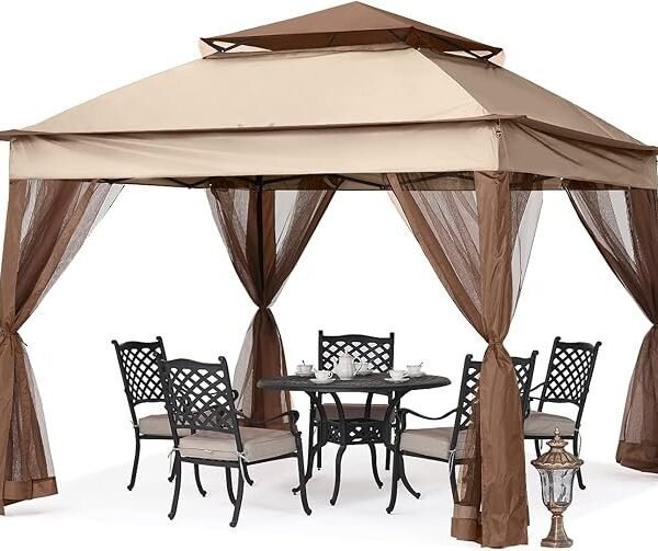 MASTERCANOPY Patio Gazebo Outdoor Pop Up Gazebo with Mesh Walls (11×11,Champagne)