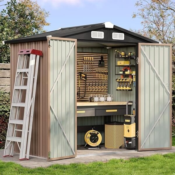 Aoxun 6.2×4 FT Shed Outdoor Storage Shed with Lockable Doors & Slooping Roof Metal Garden Tool Shed for Backyard, Patio, Poolside (Brown)