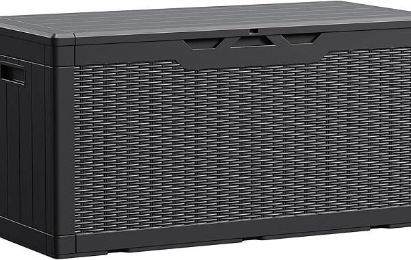 Devoko 100 Gallon Waterproof Large Resin Deck Box Indoor Outdoor Lockable Storage Container for Patio Furniture Cushions Garden Tools (100 Gallon, Black)