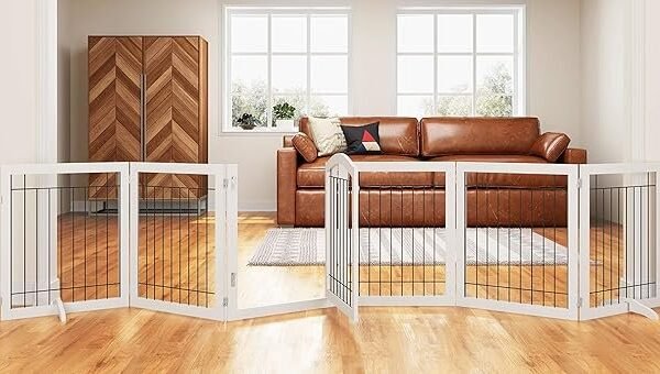 PAWLAND 144-inch Extra Wide 30-inches Tall Dog gate with Door Walk Through, Freestanding Wire Pet Gate for The House, Doorway, Stairs, Pet Puppy Safety Fence, Support Feet Included, White,6 Panels