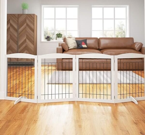 PAWLAND Extra Wide Dog gate for The House, Doorway, Stairs, Dog Fences Indoor, Freestanding Foldable Wooden Pet Gates for Dogs, Set of Support Feet Included, 96 in Wide 30 in Tall, 4 Panels White