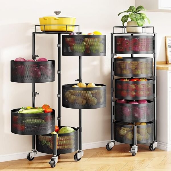 SNTD Fruit and Vegetable Basket Bowls for Kitchen with Metal Top Lid, 5 Tier Rotating Storage Rack Cart for Potato Onion Bread Banana, Wire Basket Organizer on Wheels, Large, Black