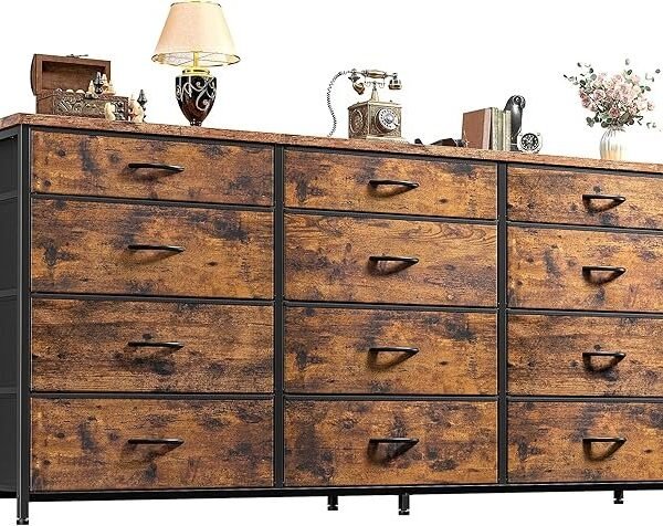 Romorgniz 55″ Dresser for Bedroom with 12 Fabric Drawers, Entertainment Center for 60 inch TV Dressers & Chests of Drawers Large Organizer, Living Room, Metal Frame, Wood Top, Rustic Brown